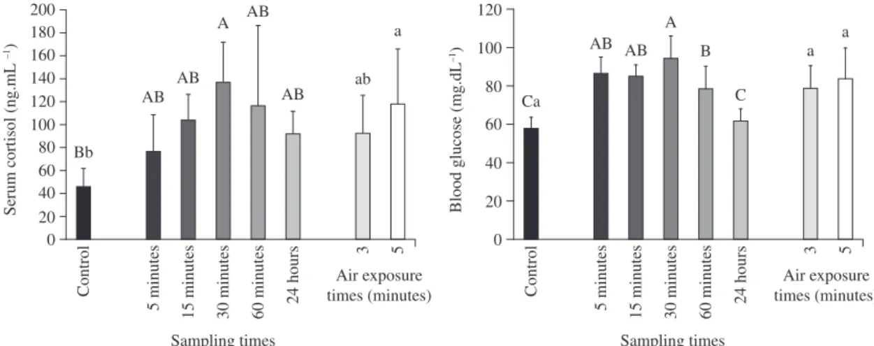 Figure 1. Blood cortisol and glucose of pacu undisturbed and air exposed for 3 and 5 minutes