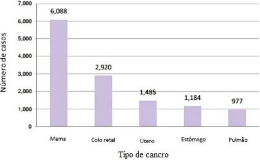 Figura  2. Principais  tipos de cancro que afetaram  a população do sexo feminino  em  Portugal  no ano de  2014  (Adaptado de: World Health Organization - Cancer Country Profiles, 2014)