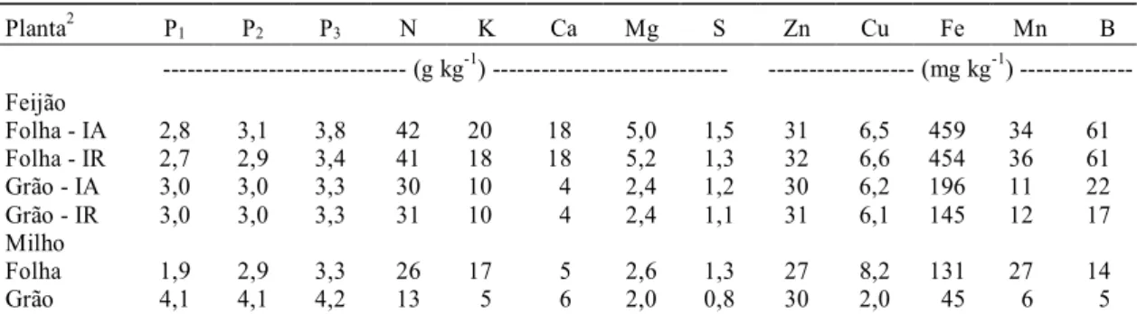 TABELA 6. Teores médios de nutrientes, nas folhas e grãos de feijão, em dois níveis de irrigação (IA, IR) e de milho