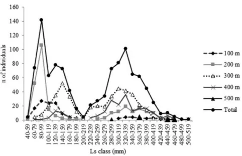 Figure 2. Zenospsis conchifer: length frequency distribution by depth of fish sampled for biological studies (n = 1,056).