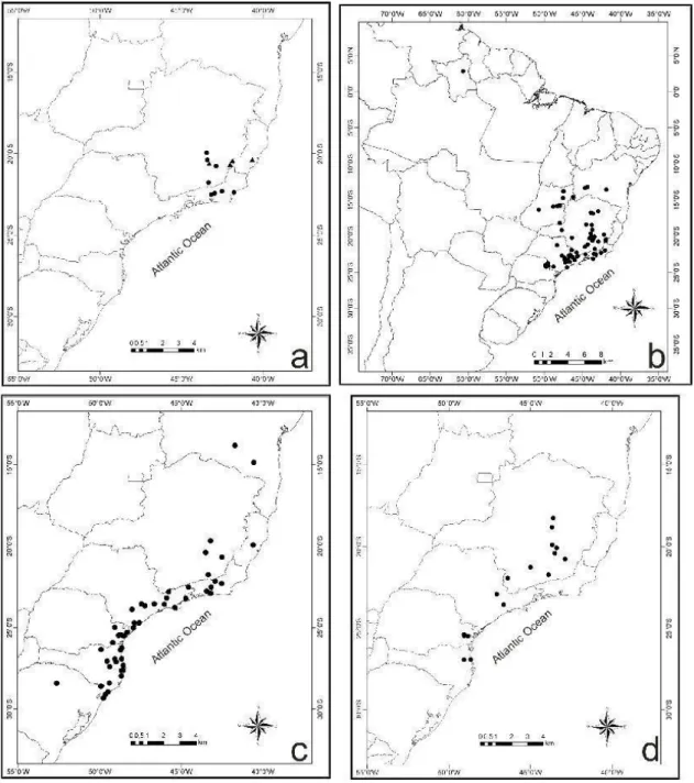 Figure  4.  Distribution  patterns  a.  Southeastern  Brazil  Bionia  bella  (▲)  and Tachigali  friburgensis  (  (Sources: Queiroz 1999, 2008, Silva 2007); b