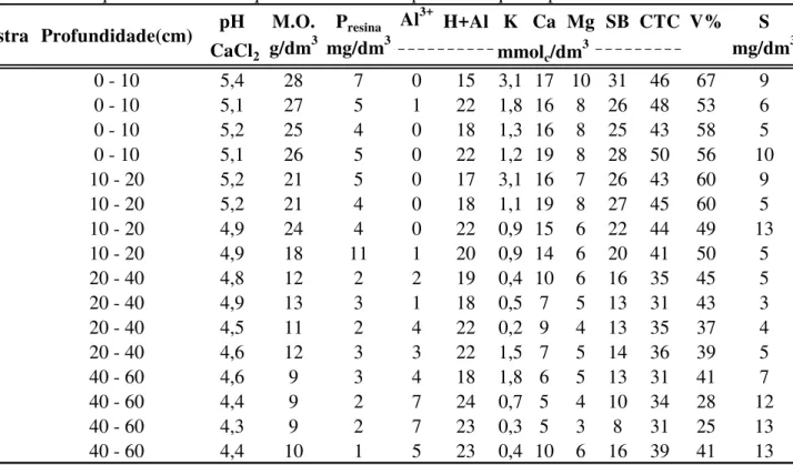 Tabela 3: Análise química do solo de quatro amostras compostas em quatro profundidades