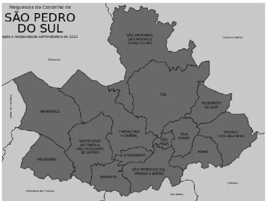 Figura 9: Distribuição das freguesias do Concelho de São Pedro do Sul   (https://pt.wikipedia.org/wiki/São_Pedro_do_Sul_(Portugal)) 