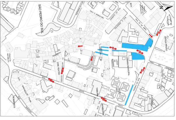 Figura 13: Planta com sentidos de trânsito antes da requalificação (s/esc.)  (Adaptado do levantamento aerofotogramétrico de 1998)