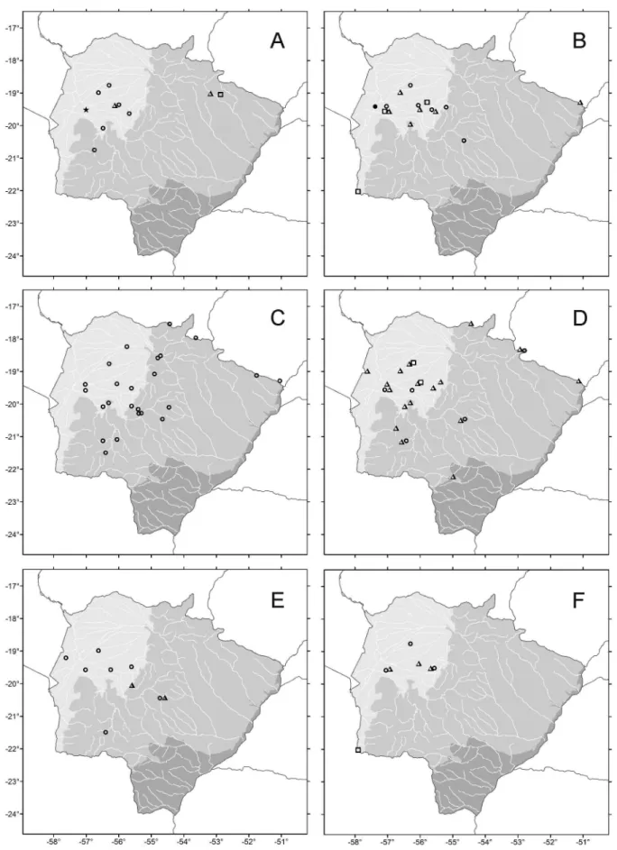 Figure 4. Distribution of Molossinae bats in the Pantanal (light grey), Cerrado (mid grey) and Mata Atlaˆntica (dark grey) in Mato Grosso do Sul, Brazil