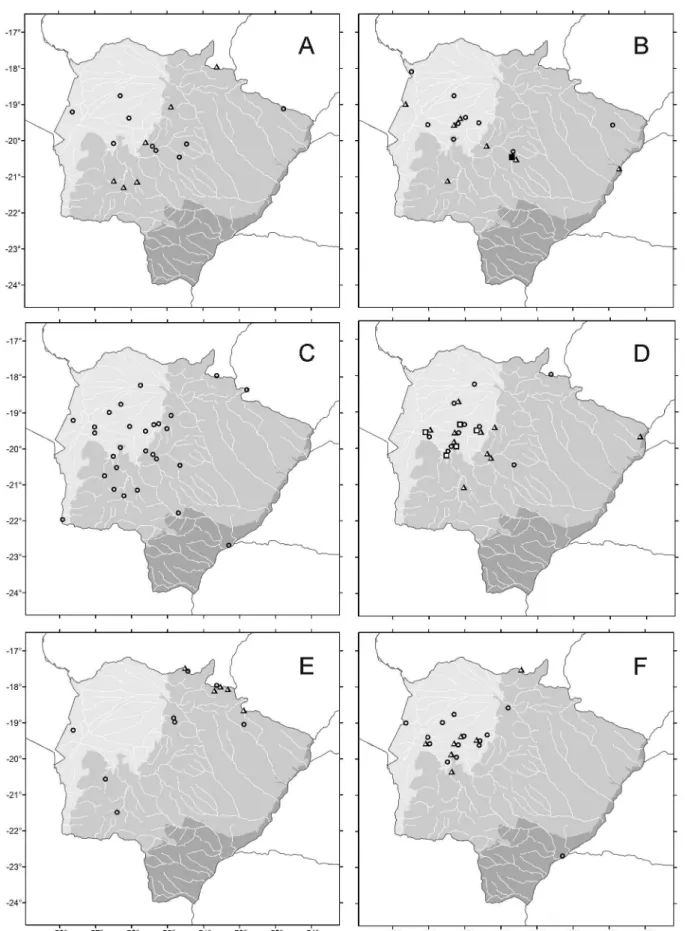 Figure 5. Distribution of Vespertilionidae, Mormoopidae, Natalidae and Noctilionidae bats in the Pantanal (light grey), Cerrado (mid grey) and Mata Atlaˆntica (dark grey) in Mato Grosso do Sul, Brazil