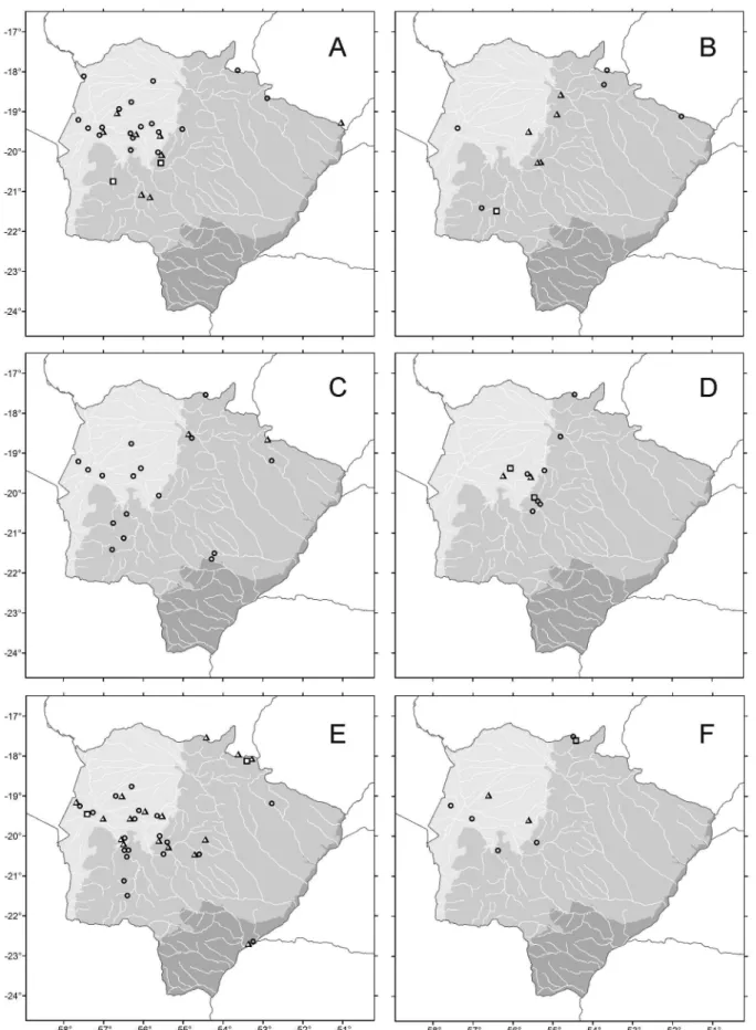 Figure 1. Distribution of Phyllostominae bats in the Pantanal (light grey), Cerrado (mid grey) and Mata Atlaˆntica (dark grey) in Mato Grosso do Sul, Brazil