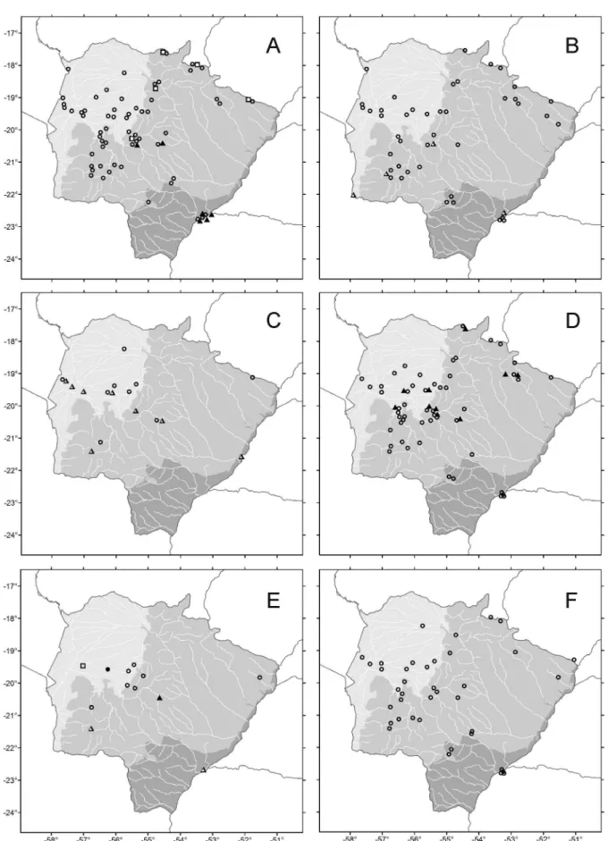 Figure 2. Distribution of Stenodermatinae bats in the Pantanal (light grey), Cerrado (mid grey) and Mata Atlaˆntica (dark grey) in Mato Grosso do Sul, Brazil
