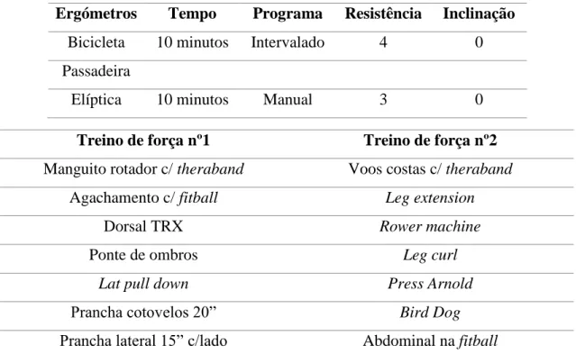 Tabela 10. Plano de treino para cliente com falta de reforço na zona do core (cliente 5) 