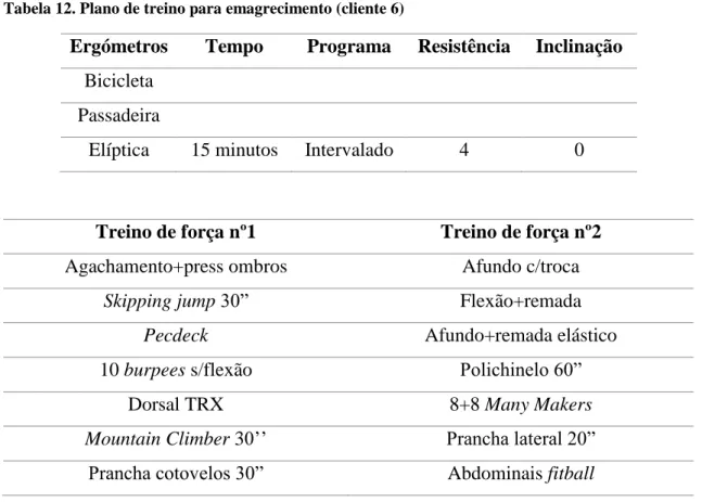 Tabela 12. Plano de treino para emagrecimento (cliente 6) 