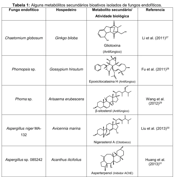 Tabela 1: Alguns metabólitos secundários bioativos isolados de fungos endofíticos. 