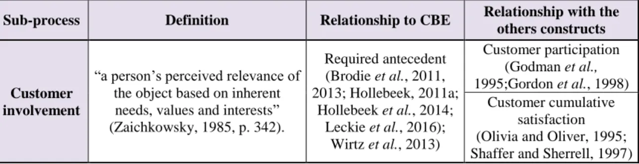Table 10 – Sub-processes; definitions, relationship to customer engagement and others constructs 