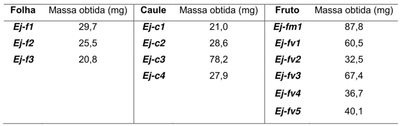 Tabela 1: Rendimento obtido dos extratos brutos dos endófitos fermentados em 400 mL  Folha Massa obtida (mg) Caule Massa obtida (mg) Fruto Massa obtida (mg)
