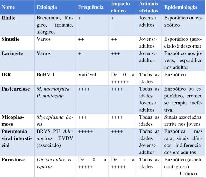 Tabela 7: Etiologias para doença respiratória em bovinos adultos, adaptada de Maillard et al., 2006 