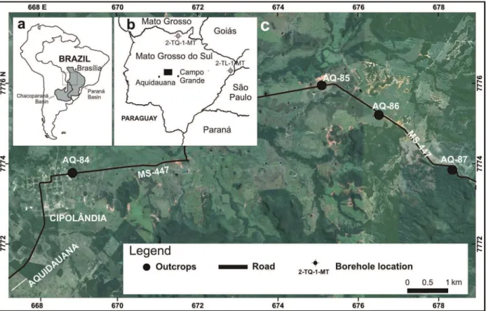 Figure 1 - Location of study area. (a) Paraná and Chacoparaná Basins in South America, with indication of area in b; (b) Location  of area and boreholes previously study by Daemon and Quadros (1970) in the state of Mato Grosso do Sul, Brazil; (c) Outcrops 