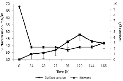 Figure  2  illustrates  the  cell  development  and  the  reduction  in  surface tension of the medium inoculated with this isolate