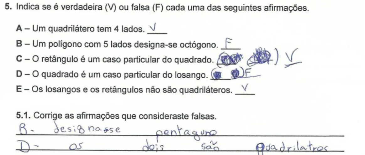 Figura 8 – Resposta, da Sandra, às questões n. os  5 e 5.1. do teste diagnóstico.  