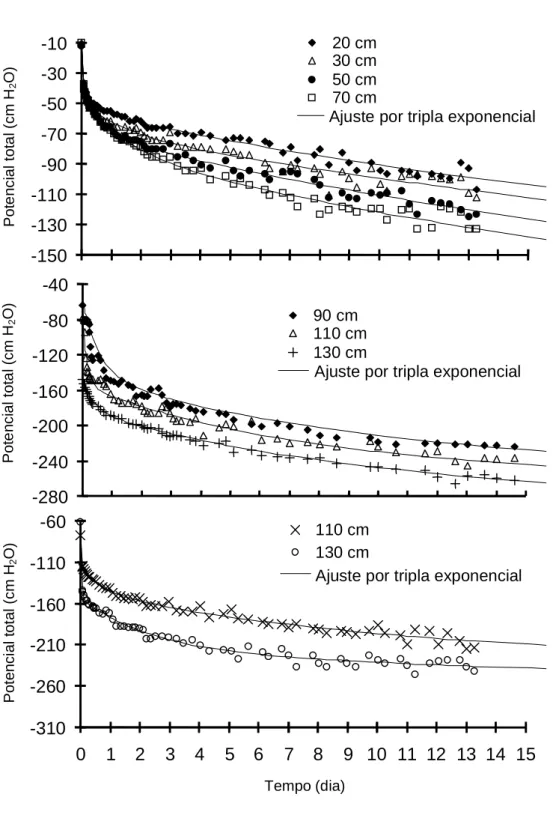 FIG. 1. Evolução dos potenciais totais da água no solo e curvas ajustada por uma tripla exponencial, para os experimentos 1 e 2, em diferentes profundidades.