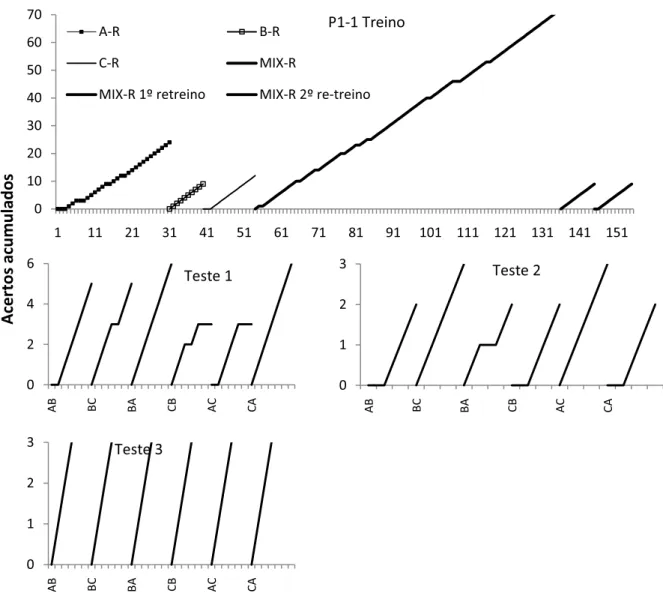 Figura 2: Acertos acumulados nos treinos discriminativos e testes de relações emergentes: P1-1