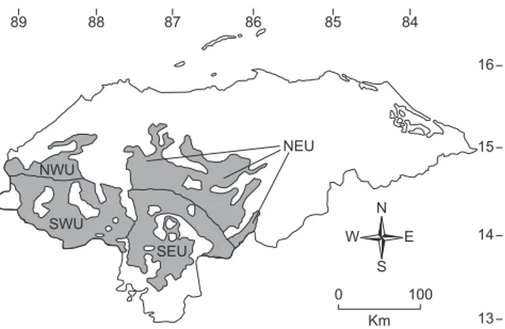 Figure 1. Generalized map of the upland pine-oak forest areas of Honduras. 