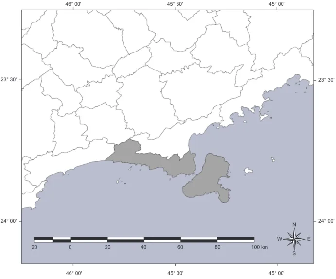 Figure 1. Northern coast of São Paulo state, southeastern Brazil. Ilha de São Sebastião (Ilhabela) and municipality of São Sebastião (São Sebastião) in gray.