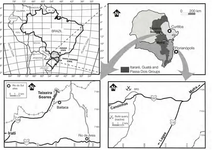 Figure 3. Location map of the studied marine fossil-rich intercalations in the upper portion of the Itararé Group.