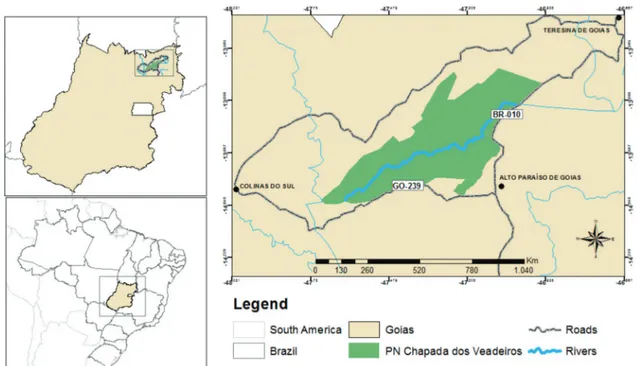 Figure 1. Study area showing the Central Brazil with Chapada dos Veadeiros National Park and the roads GO 239 and BR 010.