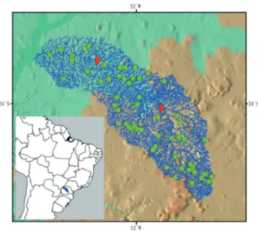 Figure 1. Map of the Ivaí River basin, showing the most thoroughly sampled sites  (green dots)