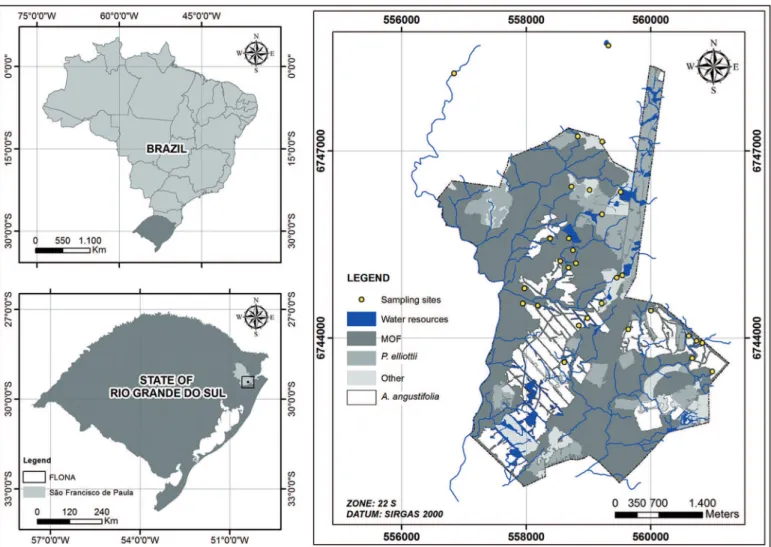 Figure 1. Brazilian map with the insets of the state of Rio Grande do Sul (RS); São Francisco de Paula municipality (light gray); and the complete map of National  Forest FLONA - SFP, yellow dots representing the sampling sites in the reserve.