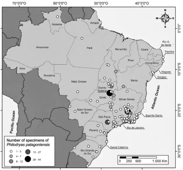 Figure 3. Distribution of studied specimens of Philodryas patagoniensis in 18 states of Brazil and the Federal District.