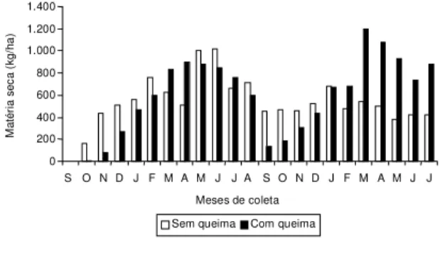 FIG . 4. Variação mensal de biomassa aérea de Mesosetum chaseae nos tratamentos sem  quei-ma (SQ) e com queiquei-ma anual (CQ) em  se-tembro/95 e em agosto/96, em campo de Elyonurus muticus no Pantanal, no período de outubro/95 a julho/97.