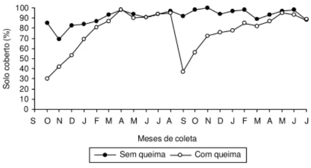 FIG . 5. Variação mensal da cobertura do solo nos tra- tra-tamentos sem queima (SQ) e com queima anual (CQ) em setembro/95 e em agosto/96, em campo de Elyonurus muticus no Pantanal, no período de outubro/95 a julho/97.