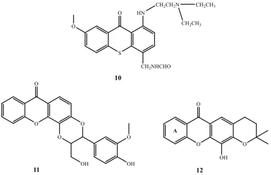 Fig. 5: Chemical structures of a thioxanthone derivative 10, a xanthonolignoid 11 and a pyranoxanthone  12