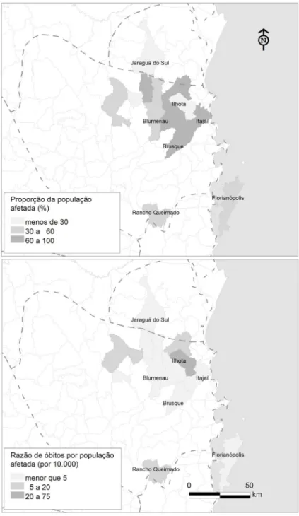 Figure 2: Location of municipalities affected according to impact indicators: a- pro- pro-portion of people affected according to the total population of the municipality and  b- proportion of deaths per number of people affected
