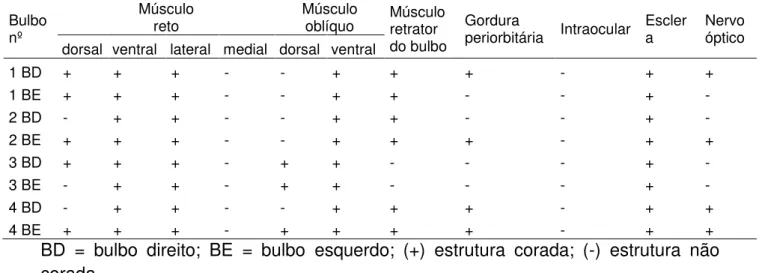 Tabela 2. Distribuição do corante azul de metileno após bloqueio peribulbar bilateral  guiado por ultrassom