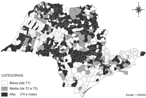 Figure 3 - Longevity in São Paulo municipalities in 2008  (taken from SEADE, 2010)