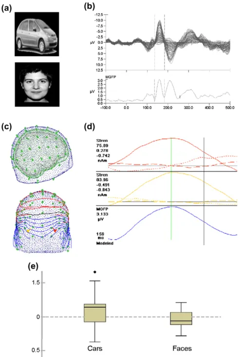 Fig. 1. (a) Examples of pictures shown to obtain the N170 potential. (b) Butterﬂy plot of the 78 channels N170 (above), with the Mean Global Field Power (MGFP) bellow