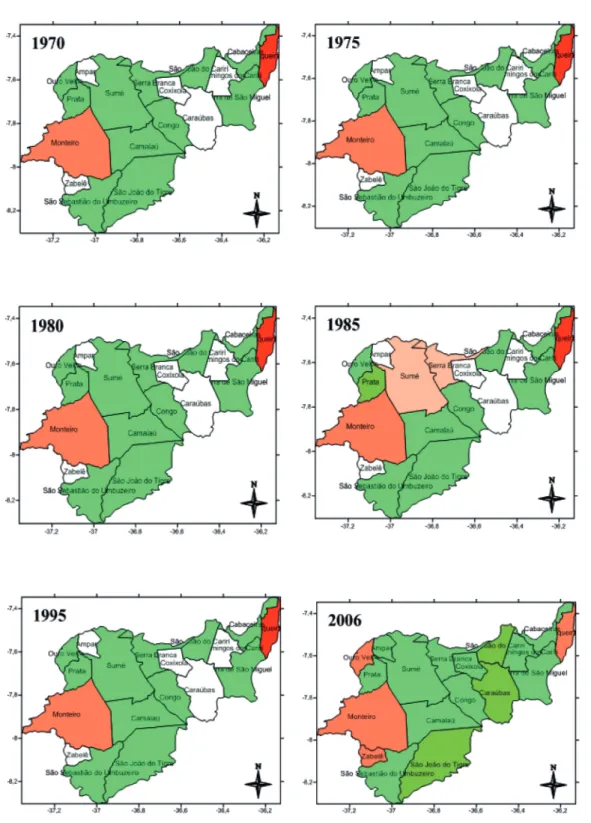 Figure 2: Spatialization of the overall socioeconomic index per county (Ise c ) in the  upper course of the Paraíba River watershed, from 1970 to 2006.
