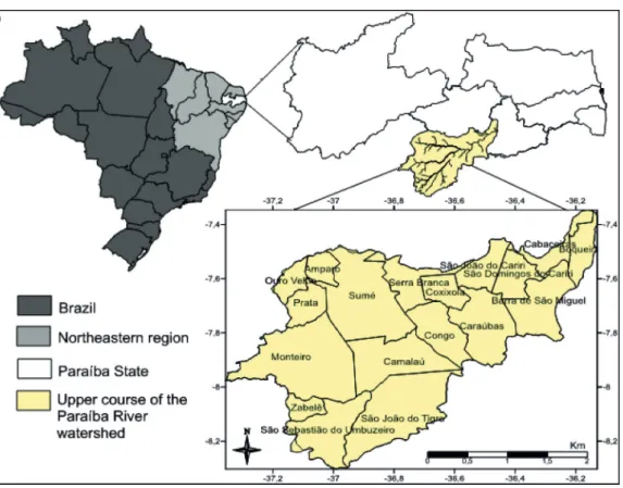 Figure 1: Location of the upper course of the Paraíba River watershed in Paraíba State.