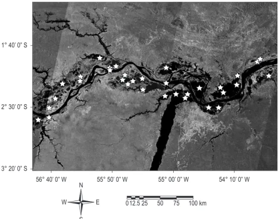 Figure 3. Study area (Lower Amazon floodplain, Brazil), showing the distribution of sampling points