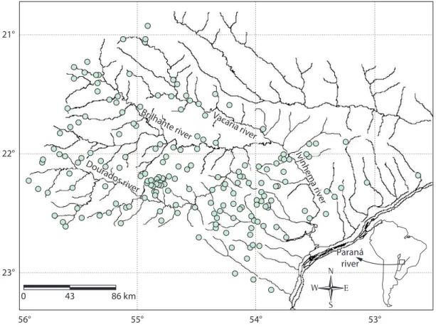 Figure 1. Location of sampled streams at Ivinhema River basin, Upper Paraná basin, from 2001 to 2011.