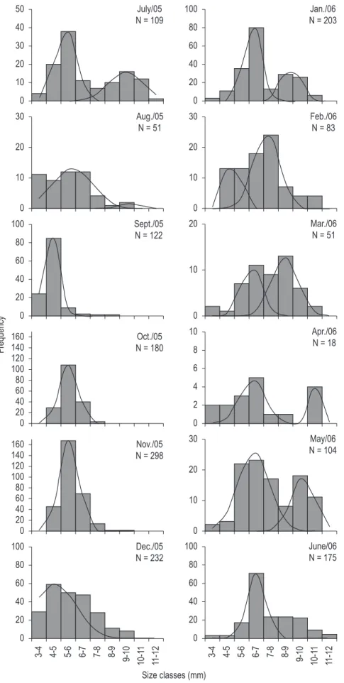 Figure 2. Macrobrachium jelskii. Monthly distribution of individuals by size classes, from July 2005 to June 2006.