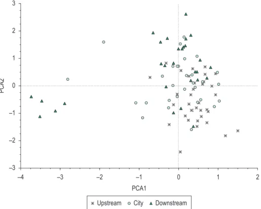 Figure 3. Ordination diagram by Principal Component Analysis (PCA) of scores and weights categorised the sites  as upstream, city and downstream to urban rivers.