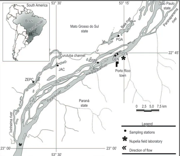 Figure 1. Location of the lakes sampled on the Upper Paraná River floodplain, in the states of Paraná and Mato  Grosso do Sul, Brazil (CLA = Clara Lake, GEN = Genipapo Lake, PGA = Pousada das Garças Lake, JAC = Jacaré  Lake, OSM = Osmar Lake and ZEP = Zé d