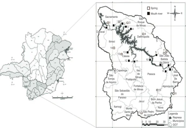Figure 1. Location of sampling sites in the study area. 1 - RC (Ribeirão do Cavalão); 2 - RE (Ribeirão do Engano); 