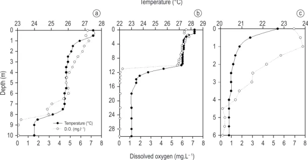 Figure 1. Vertical profiles of temperature (°C) and dissolved oxygen (mg O 2 .l –1 ) in (a) Carioca (13 May 2008) and  (b) Dom Helvécio lakes (12 May 2008), and (c) Nado reservoir (09 June 2008).