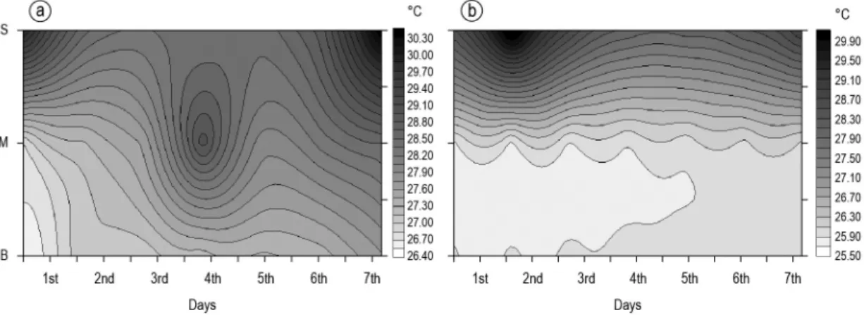Figure 2. Depth-time diagram of the water temperature in the Lake Amapá during low waters (a) and high waters  (b)