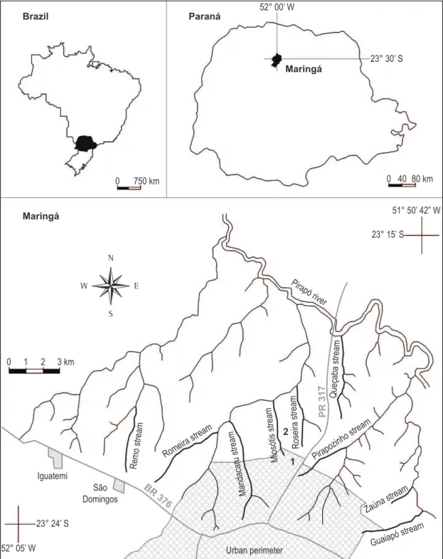 Figure 1. Location of the study area and sampled streams (indicated by names). Where: 1
