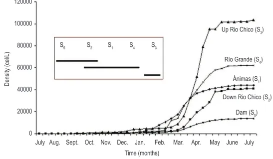 Figure 2. Riogrande II reservoir. Accumulative density in function of changes in time in each sampling station and