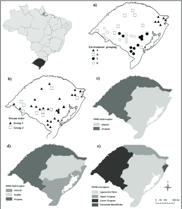 Figure 1. Stream classifications of Rio Grande do Sul state: a) Environment variables grouping , b) stream order  grouping, c) PNRH hydroregions, d) SEMA hydroregions and e) FEOW ecoregions